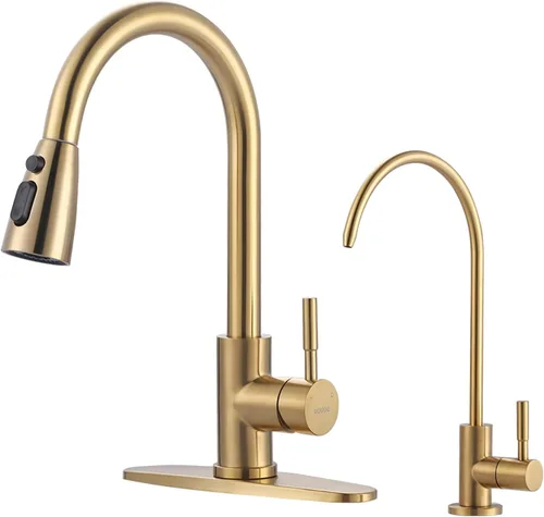 Vista 30 de WOWOW Grifo de cocina con rociador, grifo de fregadero de cocina, acero inoxidable SUS 304, grifo de cocina de níquel cepillado de arco alto