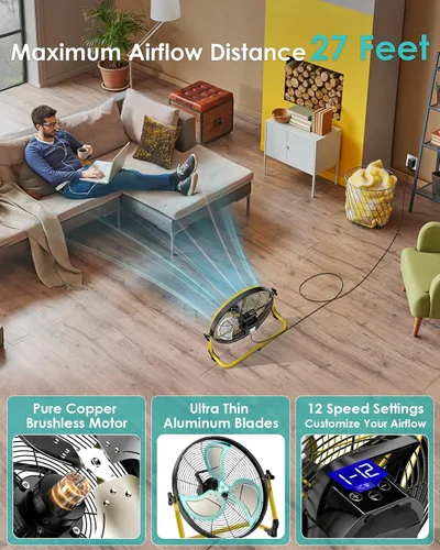 Vista 3 de ZHULI Ventilador de piso portátil de 10 pulgadas, ventilador de campamento inalámbrico recargable, motor sin escobillas de alta velocidad, hoja