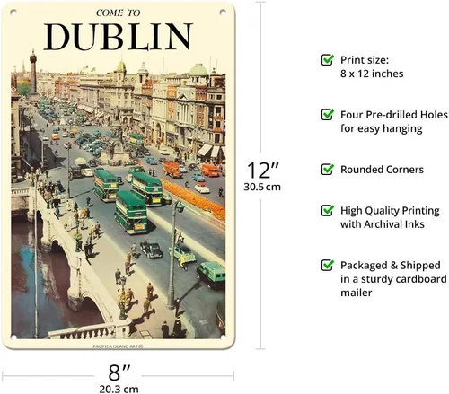 Vista 2 de Pacifica Island Art Cartel de viaje vintage con texto en inglés «Come To Dublin Ireland – O'Connell Street – Vintage Travel Poster c.1950s – 8 x 12