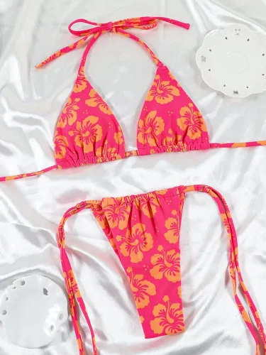 Vista 5 de Women Halter String Bikini Set Sexy Thong Cheeky Two Piece Swimsuits Solid Color Bathing Swimwear