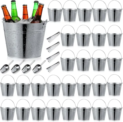 Vista 14 de Zopeal Juego de 24 cubos de cerveza galvanizados, 16 cubos de metal con 4 cucharadas y 4 pinzas, cubo de hielo rústico de 7 pulgadas para fiestas