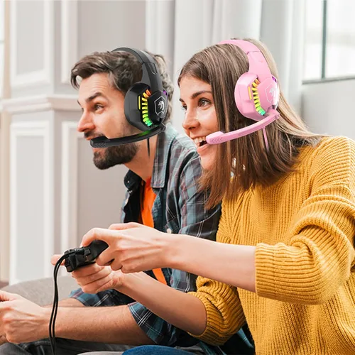 Vista 8 de Auriculares con cable para juegos con retroiluminación RGB arco iris, micrófono retráctil con aislamiento de ruido, sonido estéreo, graves