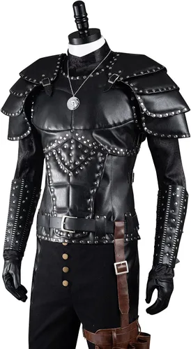 Vista 4 de Ruleewe Conjunto completo de cuero de disfraz de lobo blanco Geralt para hombre