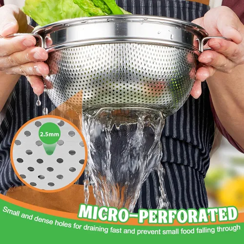 Vista 3 de P&P CHEF Colador de acero inoxidable de 3 cuartos de galón, colador de metal microperforado para alimentos de cocina, ideal para enjuagar, lavar
