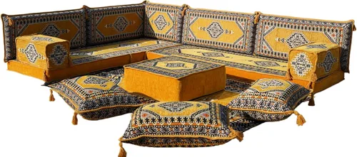 Vista 185 de arabicsofa Juego de asientos Jalsa en forma de L – Majlis árabe hecho a mano con almohadas de respaldo