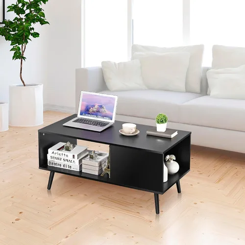 Vista 6 de ZenStyle Mesa de centro moderna de mediados de siglo, mesa de centro retro de madera con estante de almacenamiento abierto para sala de estar Negro
