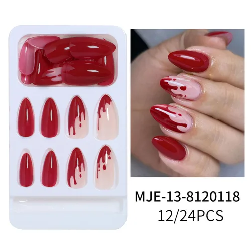Vista 2 de Uñas postizas a presión de Halloween, uñas postizas de almendra, cobertura completa, uñas postizas rojas con diseños de gotas de sangre, punta 14