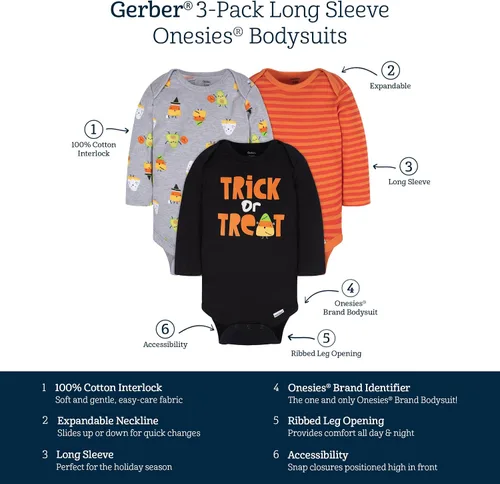Vista 6 de Gerber Paquete de 3 mamelucos unisex de manga larga para bebé