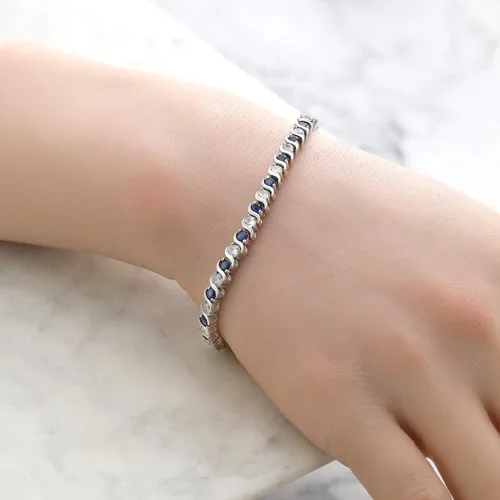 Vista 6 de Gem Stone King Impresionante pulsera de tenis redonda de lujo con circonita cúbica blanca brillante y zafiro azul simulado para mujer, joyería