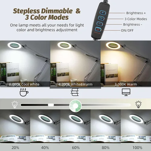 Vista 3 de LANCOSC Lupa de cristal real de grado óptico de 10 x 5 pulgadas con luz y soporte, lámpara de escritorio LED de 3 modos de color, regulable y sin