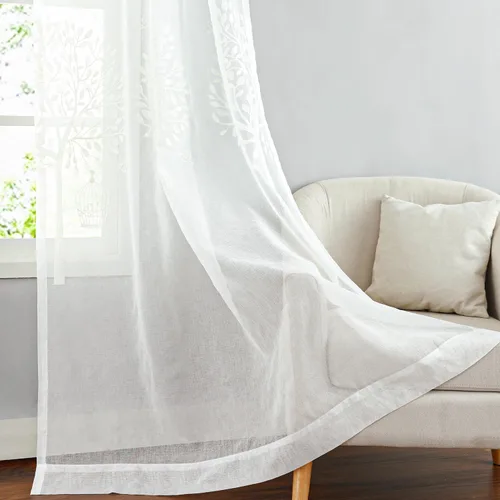 Vista 4 de VOGOL Cortinas traslúcidas blancas de 84 pulgadas de largo, cortinas de gasa ligeras bordadas de árbol para granja, 2 paneles de estilo campestre