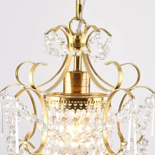 Vista 5 de Mini Candelabro Dorado Moderno, Lámparas de Luz de Cristal para Montaje en Techo de 1 Luz, Pequeños Candelabros de Cristal para Dormitorio, Elegante