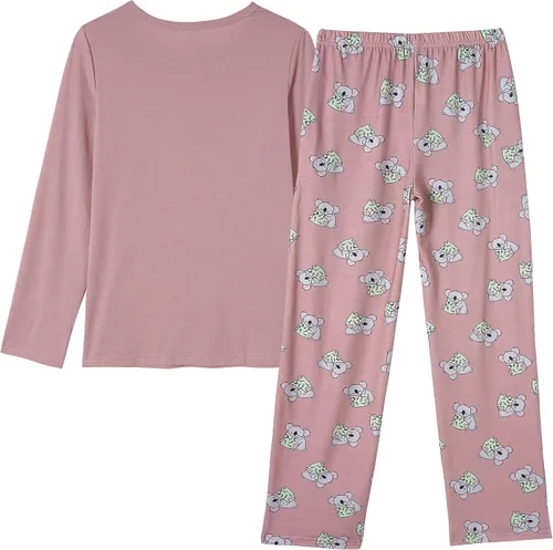 Vista 2 de Vopmocld Conjunto de pijama de manga larga para niñas grandes, ropa de dormir de 2 piezas, pijamas de dibujos animados múltiples