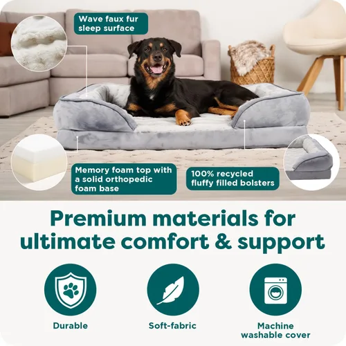 Vista 5 de Furhaven Cama de espuma viscoelástica para perros grandes con refuerzos extraíbles y funda lavable, para perros de hasta 95 libras - Sofá de Gris
