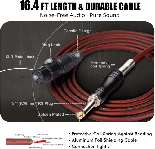 Vista 8 de Micrófono Dinámico - Micrófono Vocal Profesional para Cantar - Micrófono de Mano con Cable con Cable de Audio XLR de 16 ft a 1/4" - Micrófono