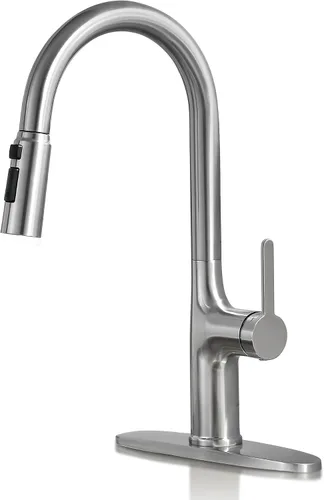 Vista 10 de Grifos de cocina, grifo de cocina negro y dorado con rociador extraíble, grifo de fregadero de cocina de acero inoxidable de arco alto, grifo