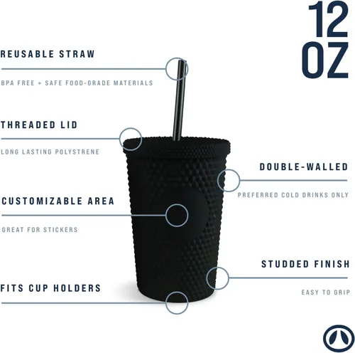 Vista 2 de Hogg Vaso Tachonado de 12 onzas con Tapa y Pajita - Negro, Vaso Reutilizable para Café Helado, Vaso Brillante para Mujeres, Taza de Diamantes