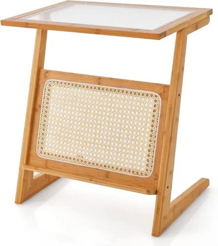 Vista 9 de Giantex Mesa auxiliar de ratán, mesa auxiliar bohemia con parte superior de vidrio y revistero, mesita de noche en forma de Z con almacenamiento