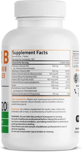 Vista 2 de Bronson Super B100 Complejo de Vitamina B de liberación sostenida contiene todas las vitaminas B (vitamina B1, B2, B3, B6, B9 - ácido fólico, B12)