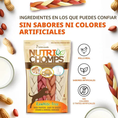 Vista 5 de NutriChomps Masticables para Perros, Trenzas de 6 Pulgadas, Fáciles de Digerir, Snacks para Perros sin Piel Cruda, Saludables, Pollo Real, Sabores a