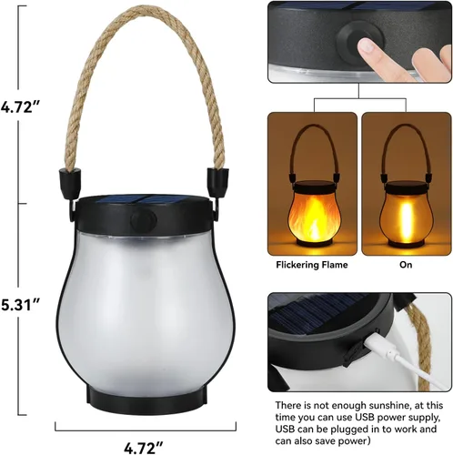 Vista 4 de Faroles solares impermeables para exteriores, paquete de 2 faroles solares de llama bailarina, luces para exteriores, funciona con USB/energía