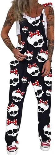 Vista 43 de PAODIKUAI Overol casual con estampado de calavera para mujer, overol suelto con bolsillos