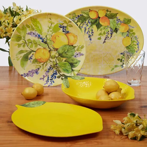 Vista 4 de Lemon Zest - Juego de 6 platos llanos de melamina, platos irrompibles para exteriores para cenar en el patio, fiestas de jardín, barbacoas