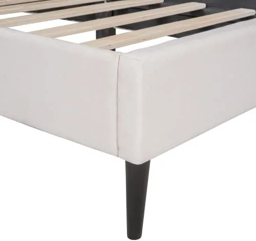 Vista 5 de Marco de cama de plataforma de tamaño individual, marco de cama tapizado de lino de diseño moderno con cabecera copetuda, cama de almacenamiento