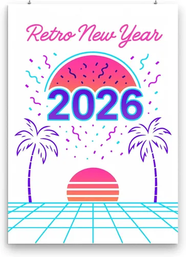 Vista 3 de Retrofuturist Neon Sunset Poster - Gloss Paper Finish - 80s Style Decor for New Year Celebration