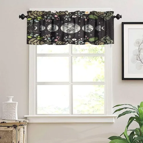 Vista 3 de Cortinas con cenefa floral de luna para ventanas de cocina, fase de flores silvestres, jardín, bohemio, primavera, naturaleza, cortina de ventana