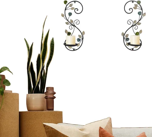 Vista 4 de Juego de 2 candelabros de pared, diseño de ramas de hojas multicolor antiguas, soporte de pared de metal para colgar velas para sala de estar