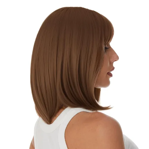 Vista 7 de Onpep Pelucas de cabello castaño rojizo con flequillo para mujer, longitud corta y recta, resistente al calor, peluca sintética resistente al calor