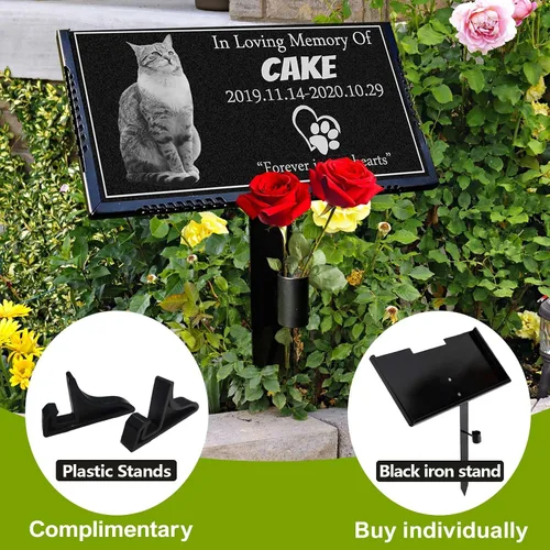Vista 5 de Marcador personalizado para tumbas para mascotas con foto, piedra conmemorativa de gatos, lápida de granito negro personalizada grabada con láser