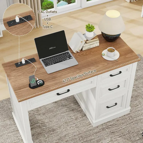 Vista 5 de Vabches Farmhouse 47" Executive Desk with Charging Station, Unique White Blanco único