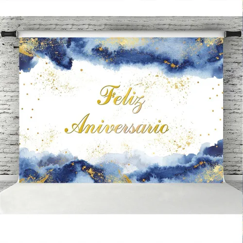 Vista 5 de Lofaris Telón de fondo de feliz aniversario, decoración de fiesta de feliz aniversario, nubes de acuarela azul rubor, purpurina dorada, fondo