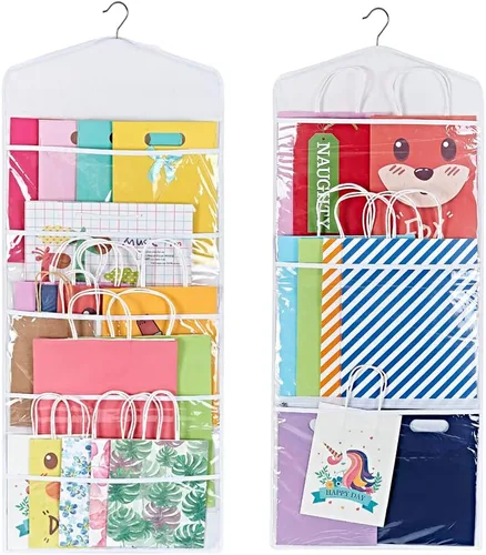 Vista 10 de ProPik Organizador de almacenamiento colgante de doble cara para bolsas de regalo con múltiples bolsillos delanteros y traseros, organiza tu papel