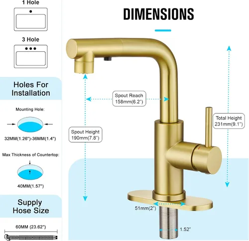 Vista 6 de CREA Grifo de Cocina Dorado con Pulverizador Extraíble - Grifo para Fregadero de Baño y Utilidad - Manija Única, 3 o 1 Agujero