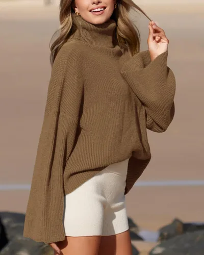 Vista 4 de BTFBM Suéteres de cuello alto para mujer, 2023, otoño, invierno, acampanados, de manga larga, holgados, de punto acanalado, de gran