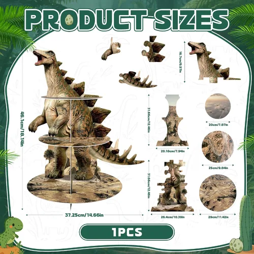 Vista 2 de Stegosaurus - Soporte para cupcakes de dinosaurio, 3 niveles, decoración