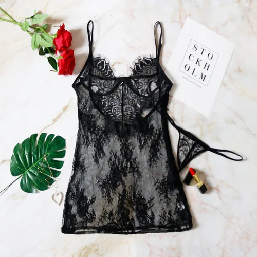 Vista 2 de Lencería para mujer, Sleep & Lounge Sheer Spaghetti Strap Siamese 2 Piezas Set Sin Llantas Lencería sin entrepierna