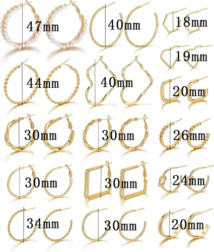 Vista 7 de IFKM Juego de 24 pares de aretes de aro dorados para mujeres y niñas, hipoalergénicos, de cadena gruesa, trenzados, abiertos, paquetes de aretes