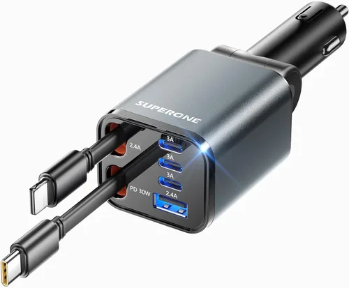 Vista 10 de SUPERONE - Cargador retráctil para automóvil, 99 W, con cables, carga rápida, adaptador USB C para iPhone 17, 16, 15, 14, 13, 12, Samsung, negro