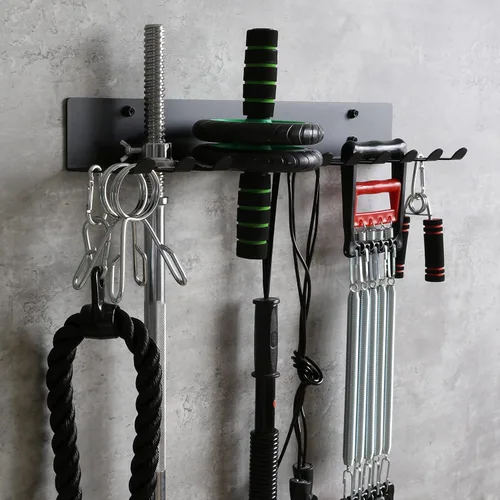 Vista 4 de Estante de almacenamiento multiusos para equipos de gimnasio, colgador de almacenamiento para bandas de resistencia, estante para barras, estante