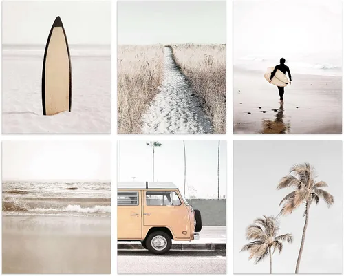 Vista 9 de Juego de 6 impresiones costeras para pared, diseño estético junto al mar, estrellas de mar, arena, paseo marítimo, olas del océano, pósteres