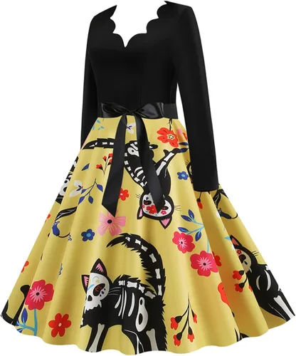 Vista 4 de Vestido de Halloween para mujer 2022 con estampado de moda de manga larga con cuello en V y dobladillo casual