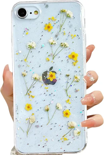 Vista 34 de LSEEKA Funda transparente para iPhone 11 con diseño de flores prensadas reales, linda y brillante, patrón floral rosa, funda protectora delgada