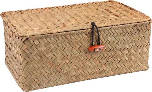 Vista 9 de Moosky Cestas de mimbre con tapa, cesta tejida a mano de pastos marinos para cestas de almacenamiento, cajas de regalo rectangulares para el hogar