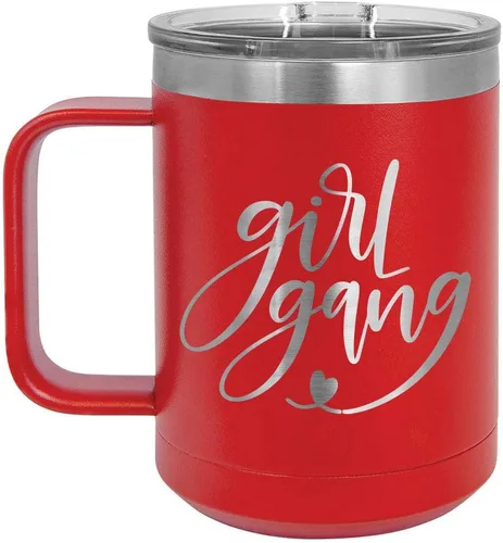 Vista 5 de GIRL GANG Negro 15 oz Taza de café w/tapa deslizante Taza de café de viaje aislada Ideas de regalos de cumpleaños o Navidad de mujeres u hombres
