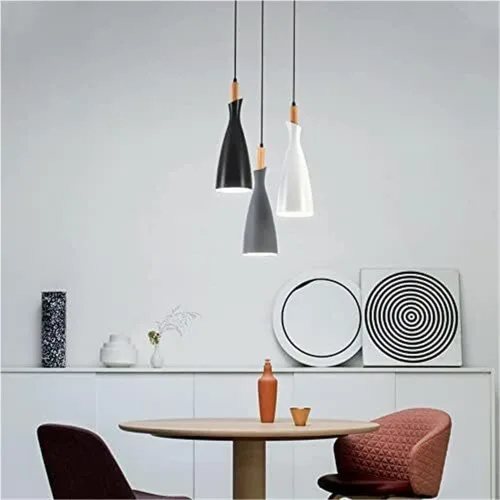 Vista 3 de Modern Wood Pendant Light Metal Shade Hanging Chandelier Adjustable Stylish Ceiling Fixture with E27 Socket for Kitchen Island Dining Room Bedside