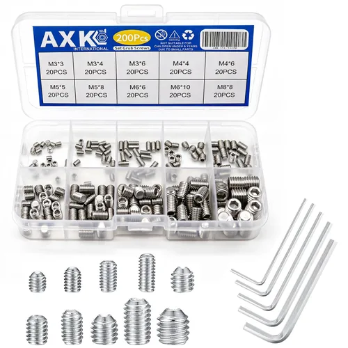 Vista 9 de AXK 200 tornillos de acero de aleación de óxido negro, puntas planas, sujetadores hexagonales M3-M8 sin cabeza para torno y accesorios pesados